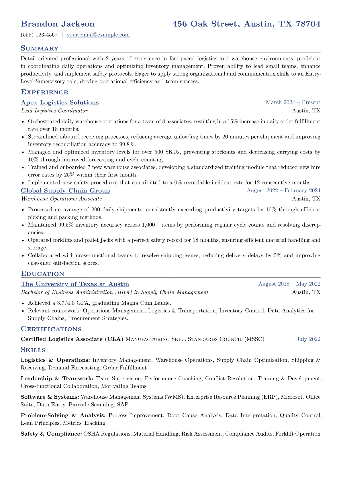 Entry Level Supervisor resume example, Logistics & Operations, page 1
