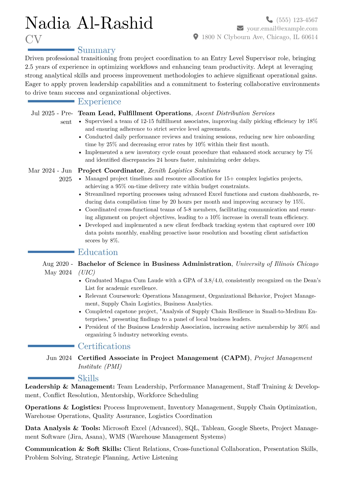 Entry Level Supervisor resume example, Career changer, page 1