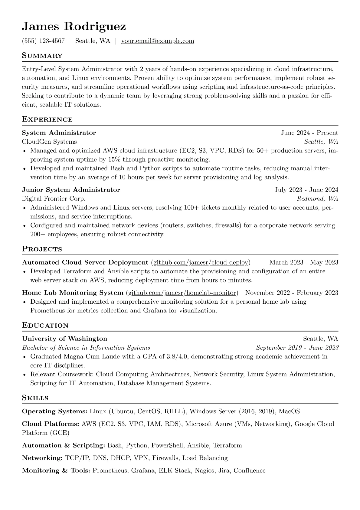 Entry-Level System Administrator resume example, Operating Systems, page 1
