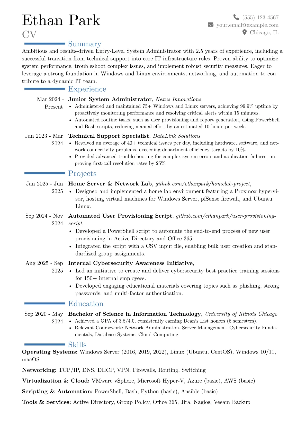 Entry-Level System Administrator resume example, Career changer, page 1