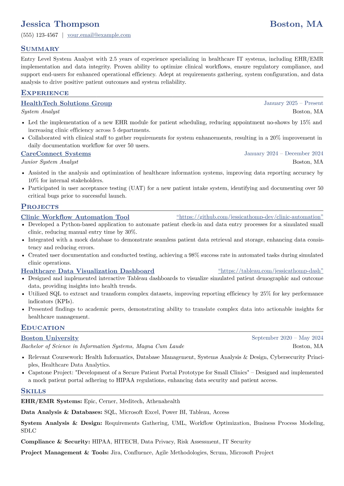 Entry Level System Analyst resume example, EHR/EMR Systems, page 1