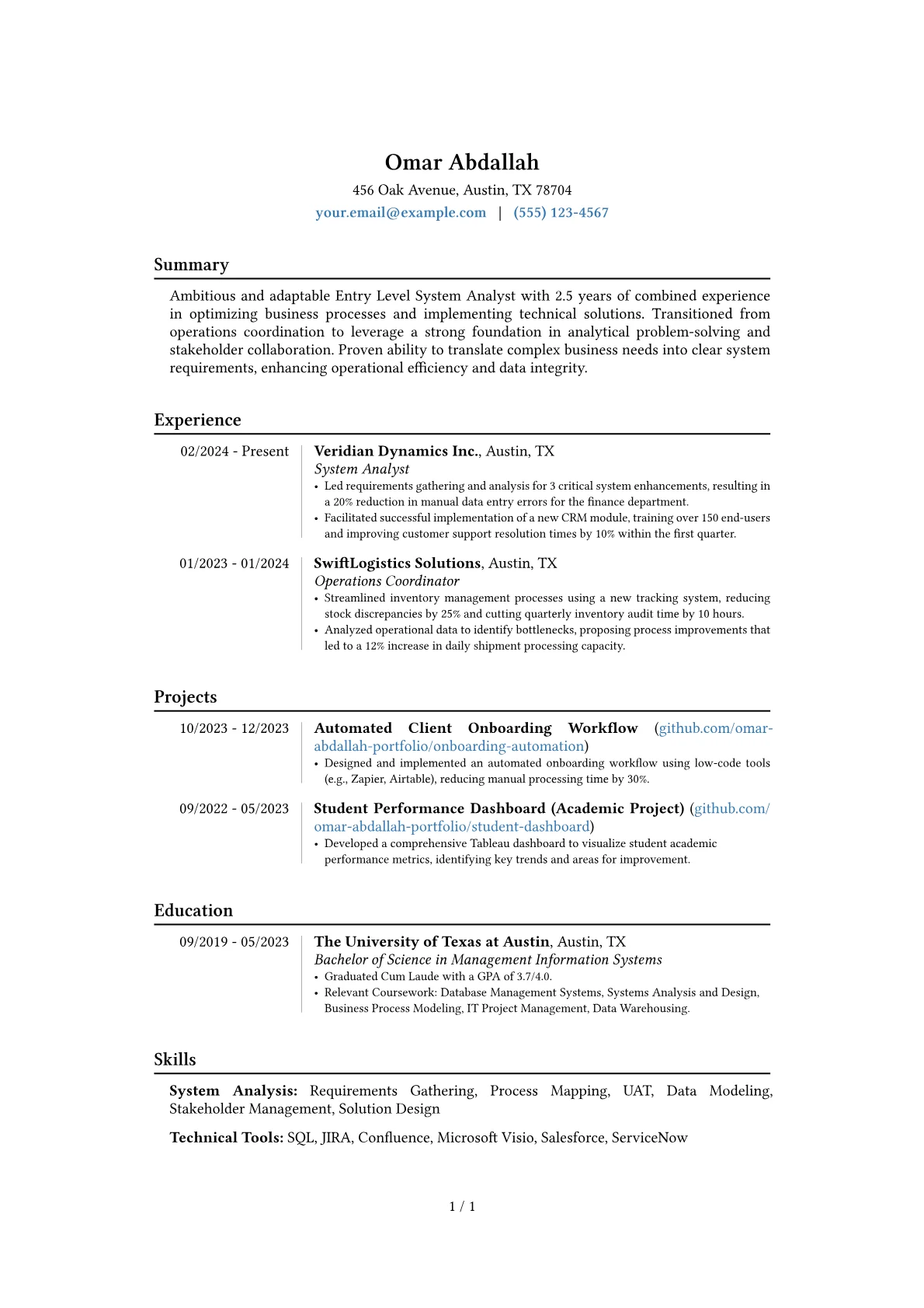 Entry Level System Analyst resume example, Career changer, page 1