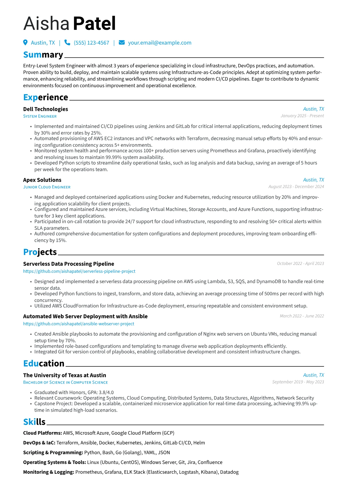 Entry-Level System Engineer resume example, Entry-Level System, page 1