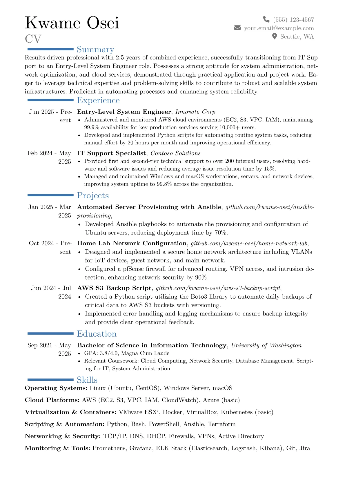 Entry-Level System Engineer resume example, Career changer, page 1