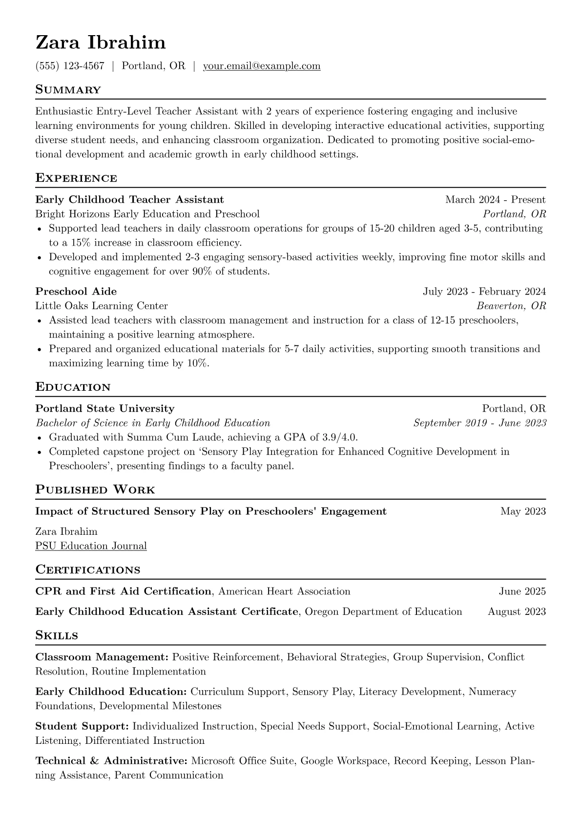 Entry-Level Teacher Assistant resume example, Early Childhood Focus, page 1