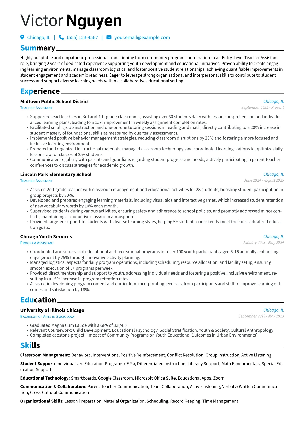 Entry-Level Teacher Assistant resume example, Career changer, page 1