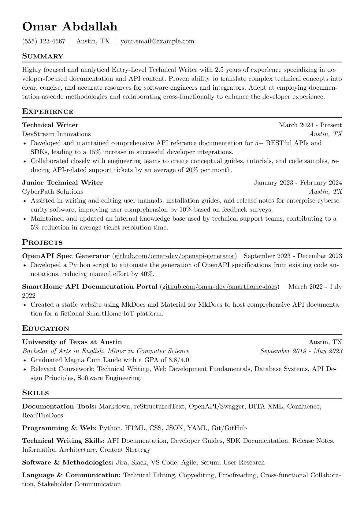 Entry-Level Technical Writer resume example, Entry-Level Technical, page 1
