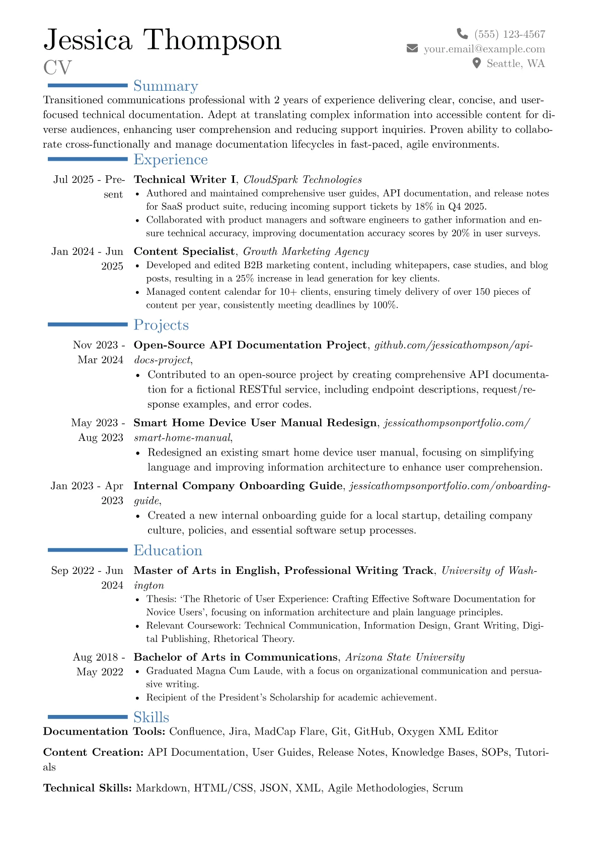 Entry-Level Technical Writer resume example, Career changer, page 1