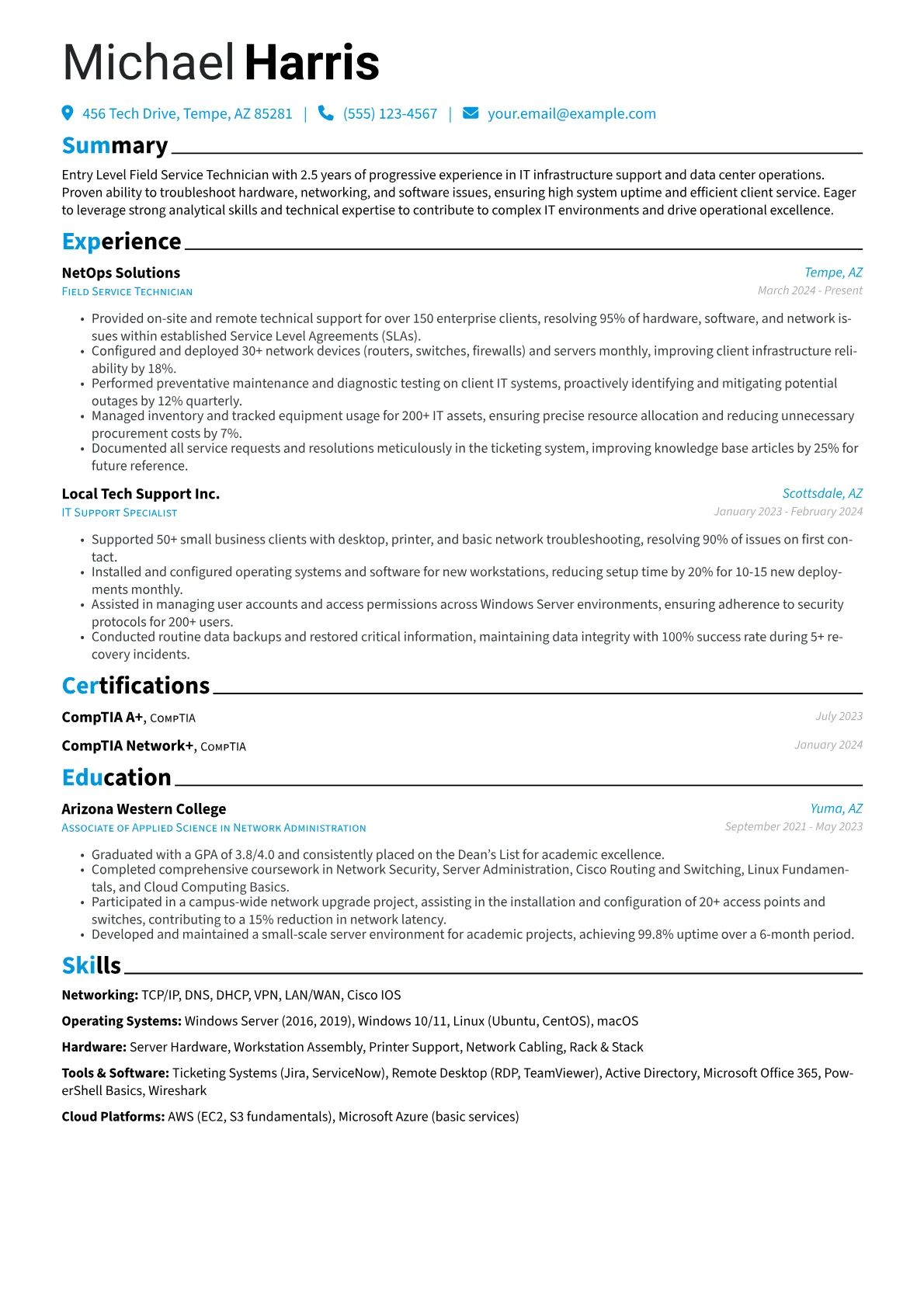 Entry Level Technician resume example, Entry Level Technician, page 1