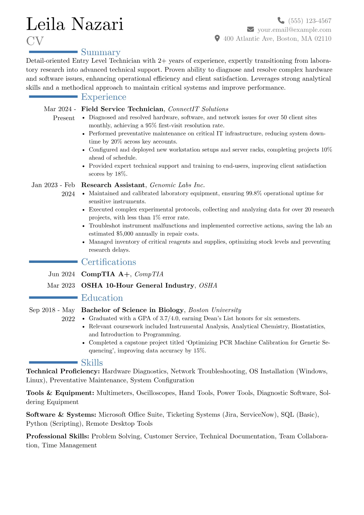 Entry Level Technician resume example, Career changer, page 1