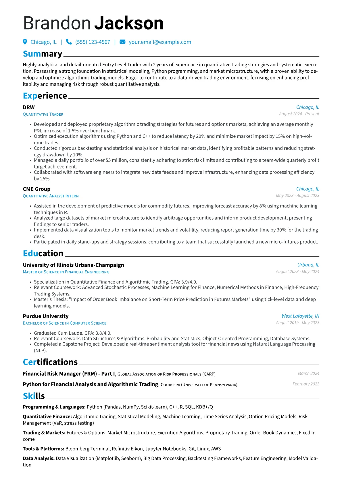 Entry Level Trader resume example, Algorithmic Trading, page 1