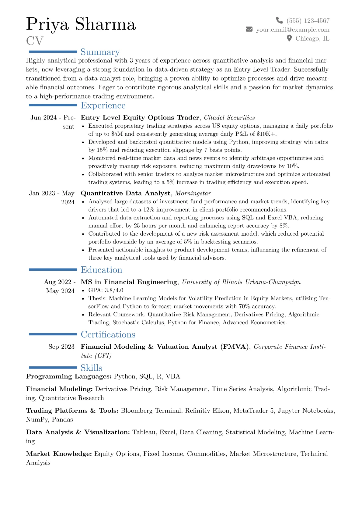 Entry Level Trader resume example, Career changer, page 1