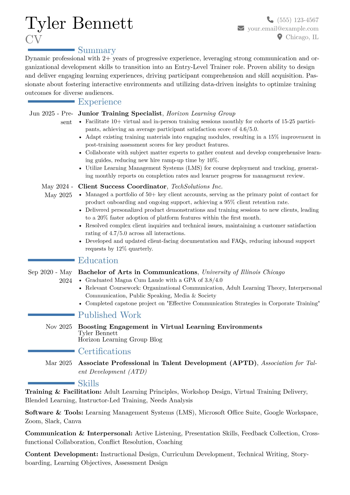 Entry-Level Trainer resume example, Career changer, page 1