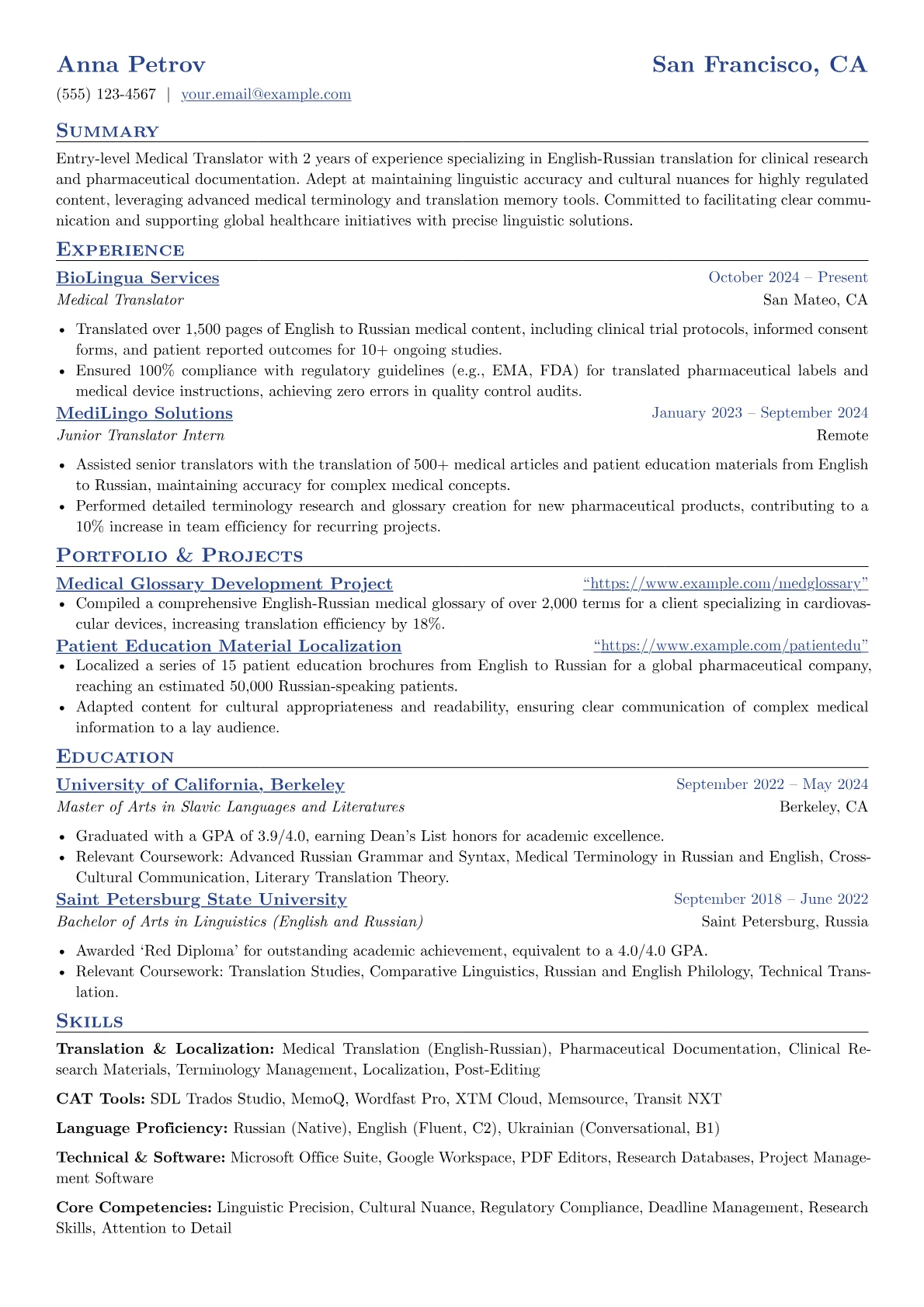 Entry Level Translator resume example, Entry Level Translator, page 1