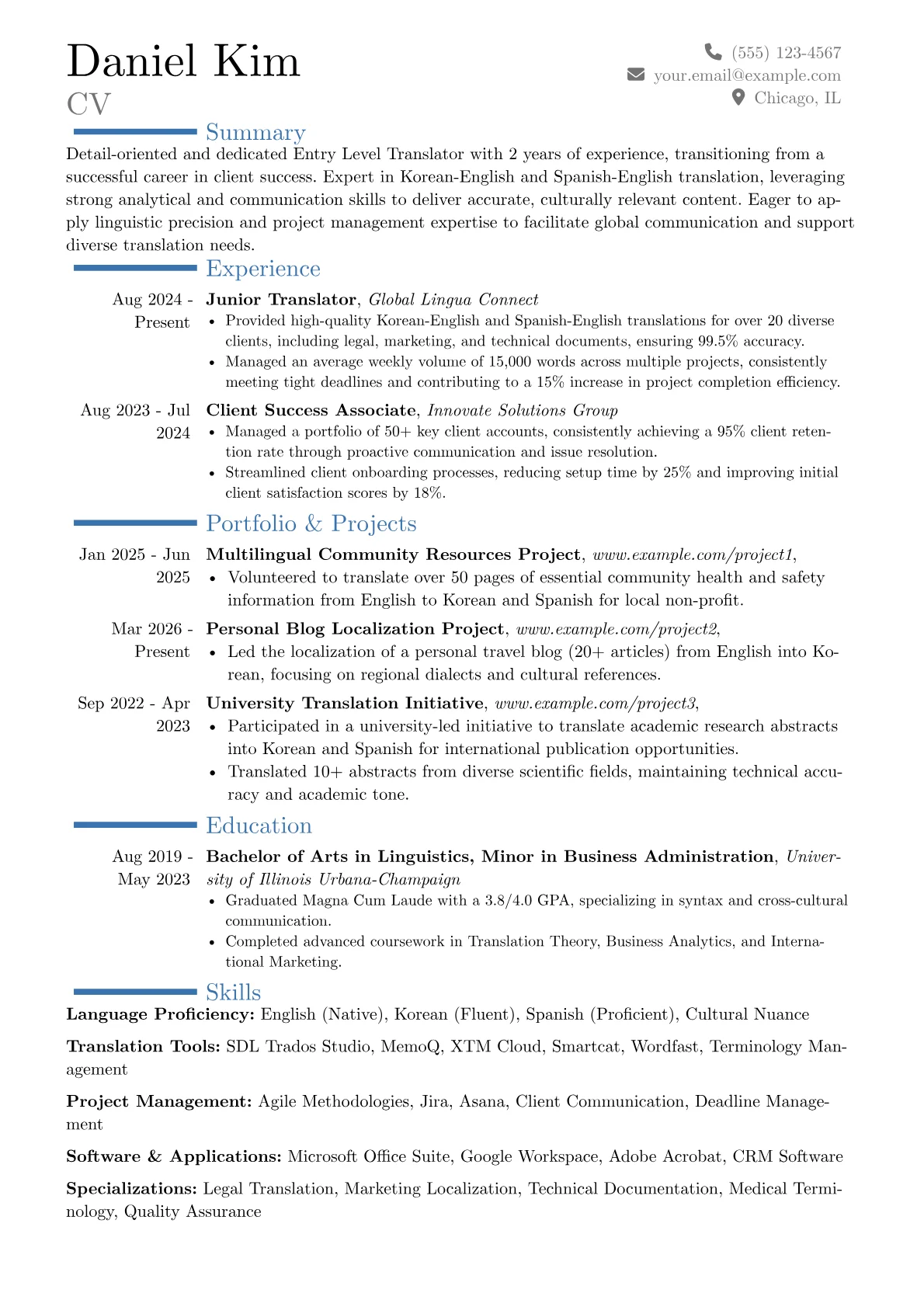 Entry Level Translator resume example, Career changer, page 1