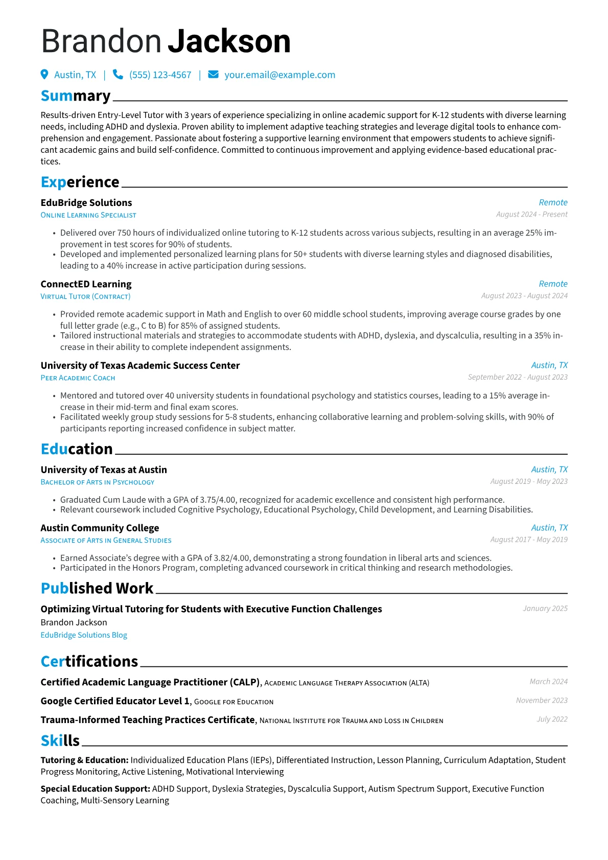 Entry-Level Tutor resume example, Entry-Level Online Tutor, page 1