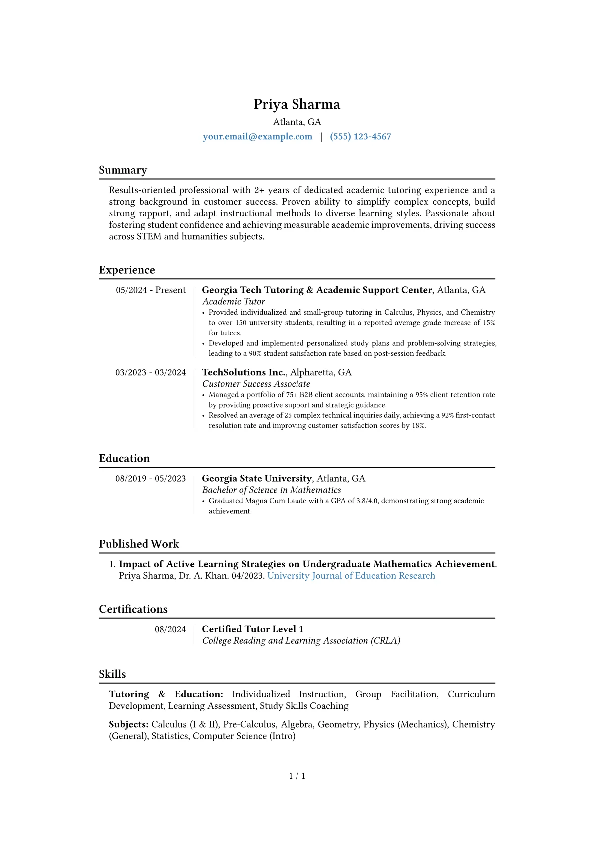 Entry-Level Tutor resume example, Career changer, page 1