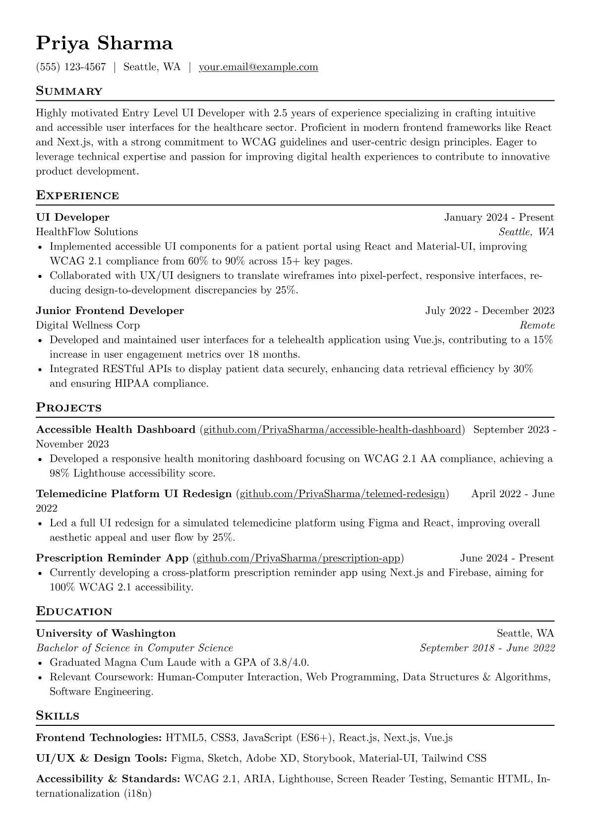 Entry Level UI Developer resume example, Entry Level UI Developer, page 1