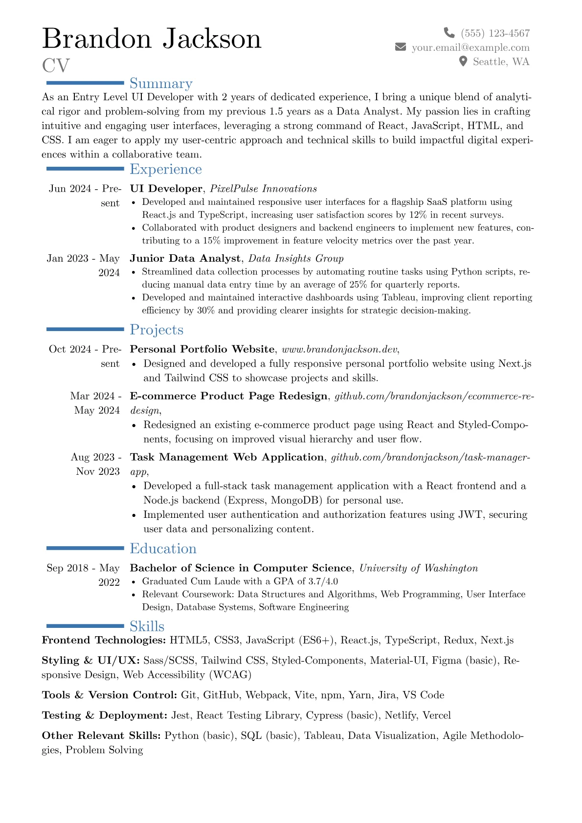 Entry Level UI Developer resume example, Career changer, page 1