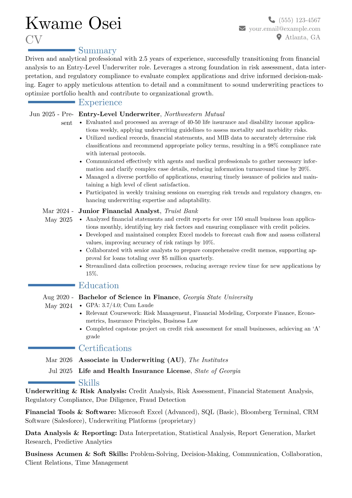 Entry-Level Underwriter resume example, Career changer, page 1