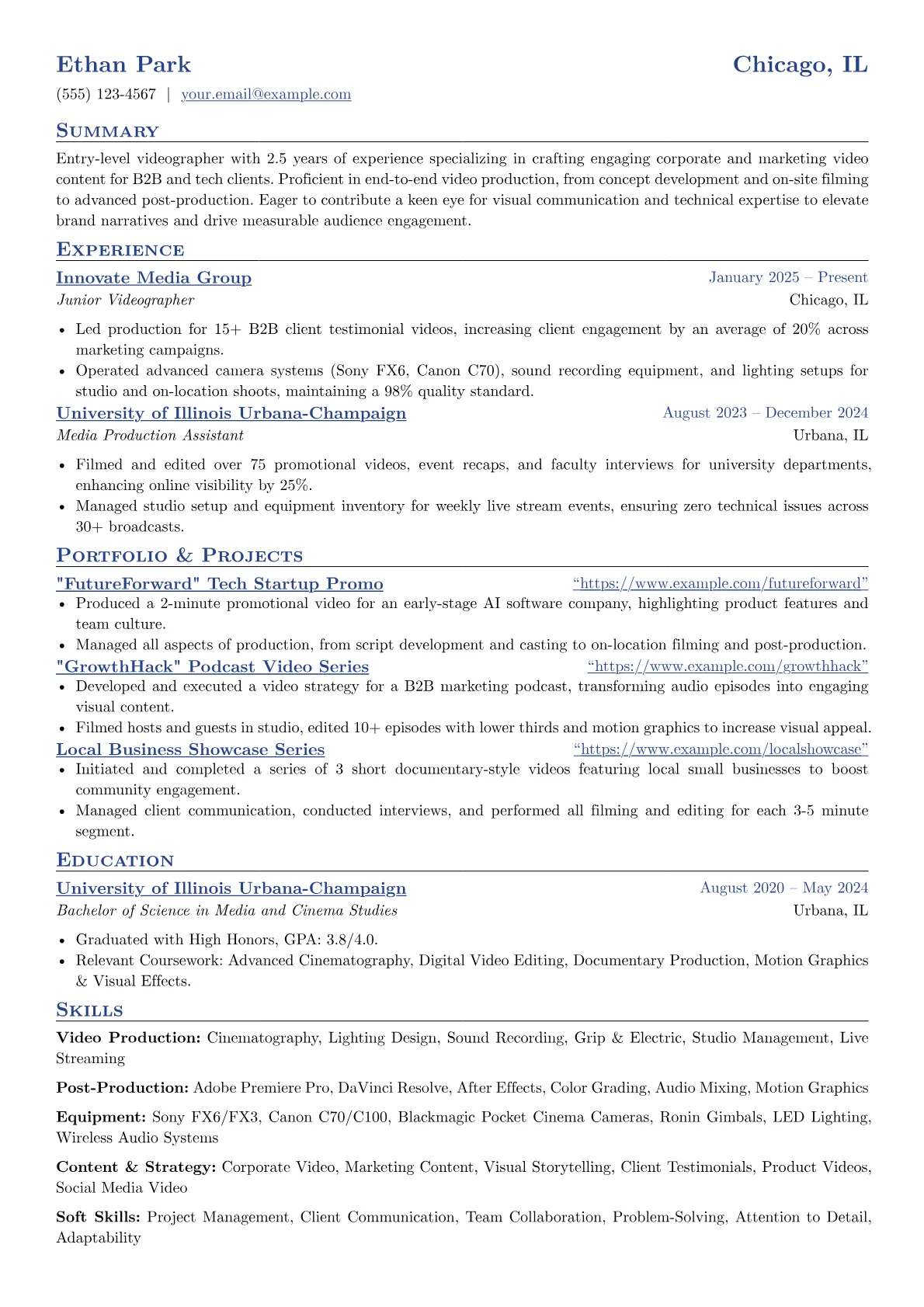 Entry-Level Videographer resume example, Entry-Level Videographer, page 1