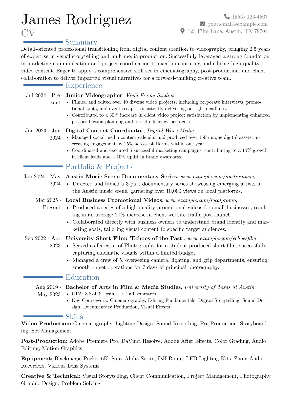Entry-Level Videographer resume example, Career changer, page 1