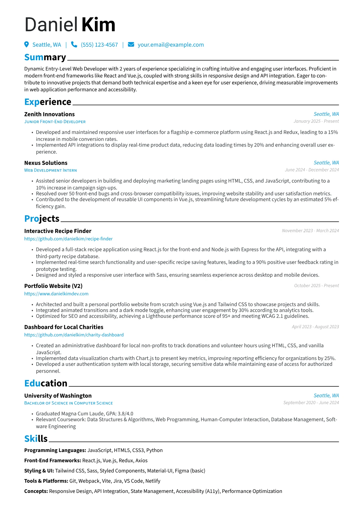 Entry-Level Web Developer resume example, Default, page 1
