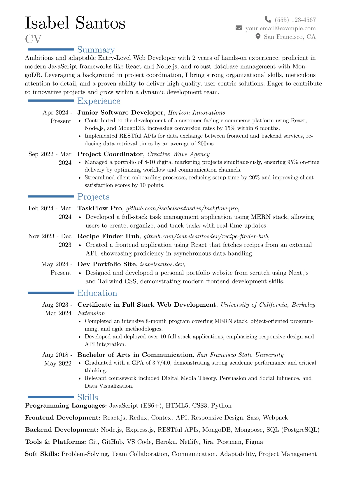 Entry-Level Web Developer resume example, Career changer, page 1