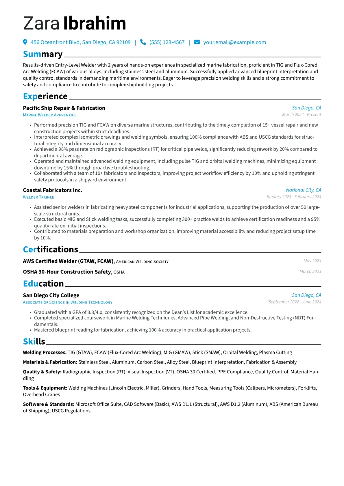 Entry-Level Welder resume example, Entry-Level Welder, page 1