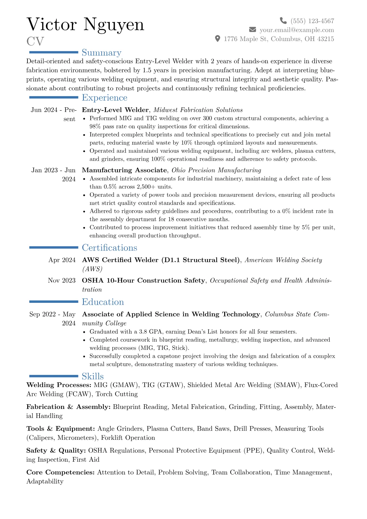 Entry-Level Welder resume example, Career changer, page 1