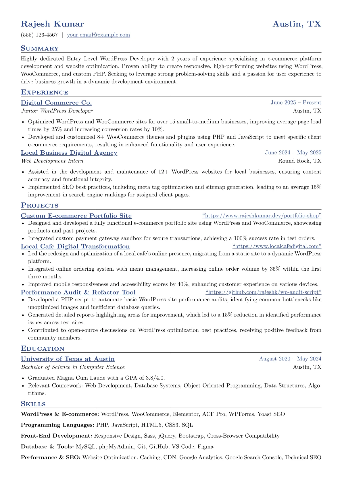 Entry Level WordPress Developer resume example, WordPress & E-commerce, page 1