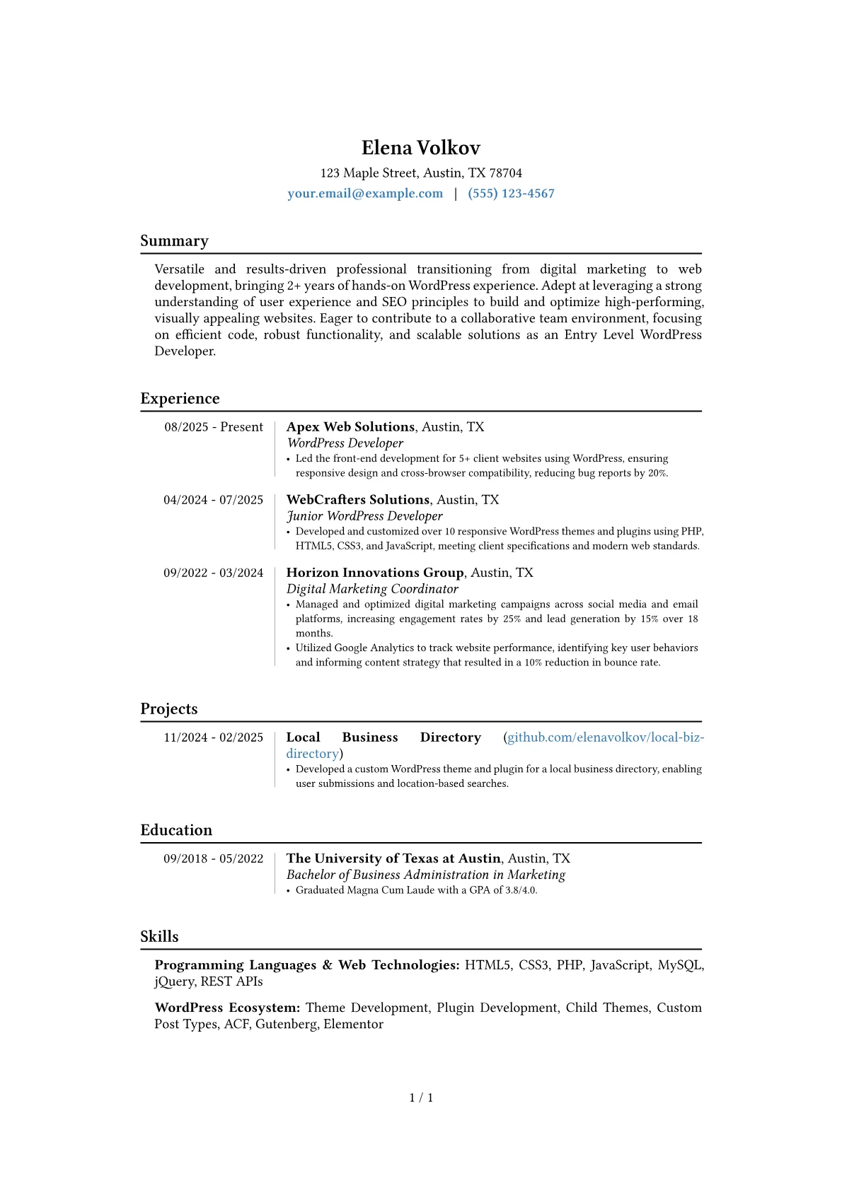 Entry Level WordPress Developer resume example, Career changer, page 1