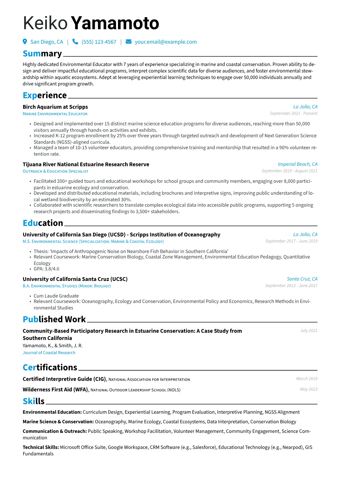 Environmental Educator resume example, Marine & Coastal Education, page 1