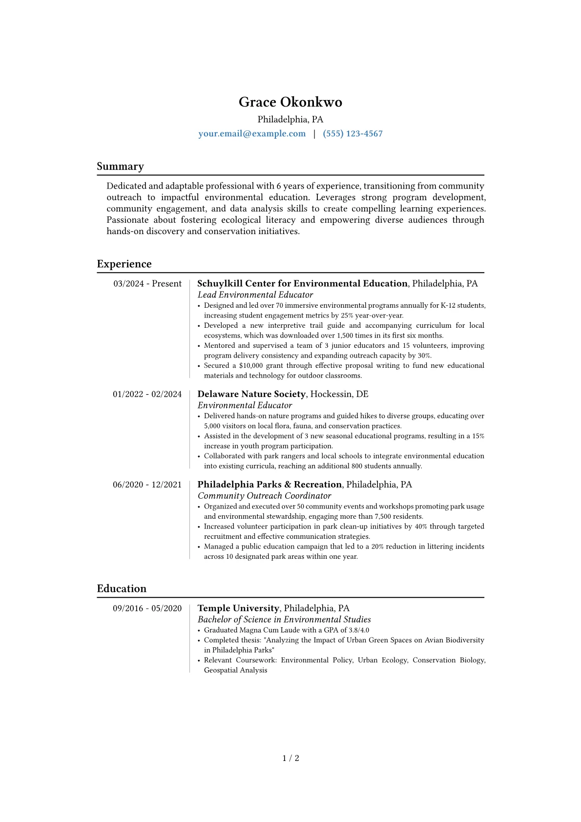 Environmental Educator resume example, Career changer, page 1