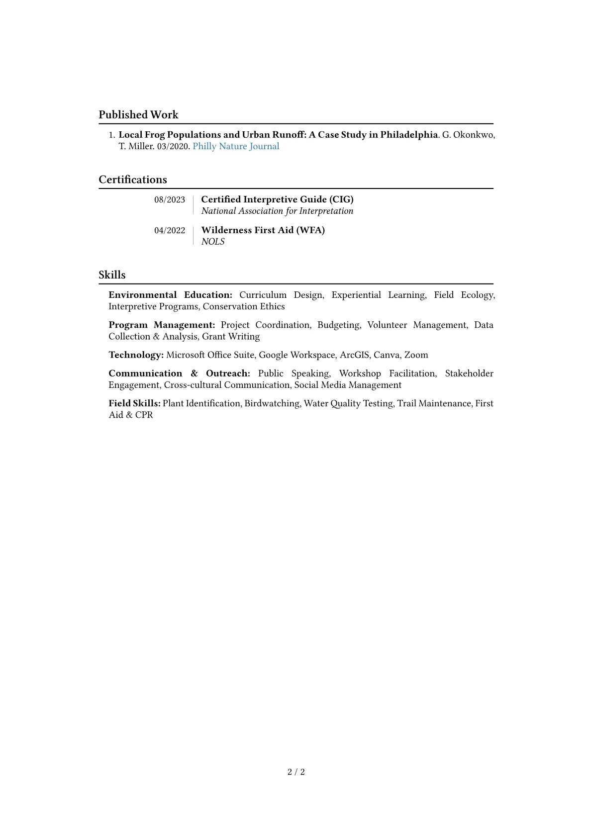 Environmental Educator resume example, Career changer, page 2