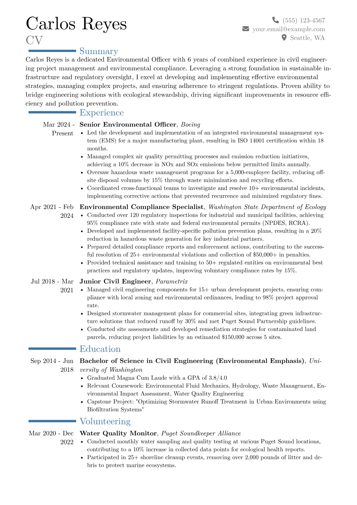 Environmental Officer resume example, Career changer, page 1