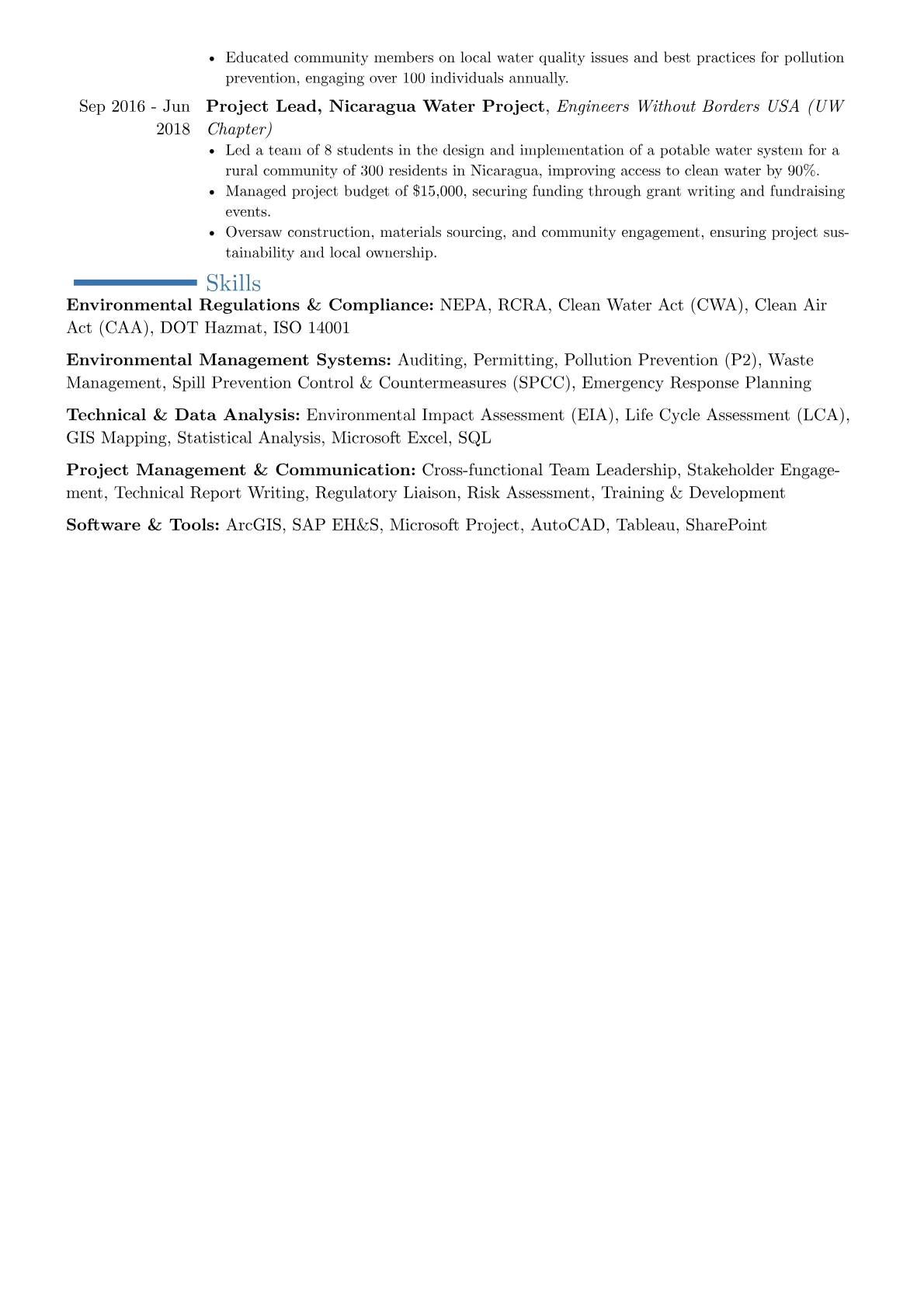 Environmental Officer resume example, Career changer, page 2
