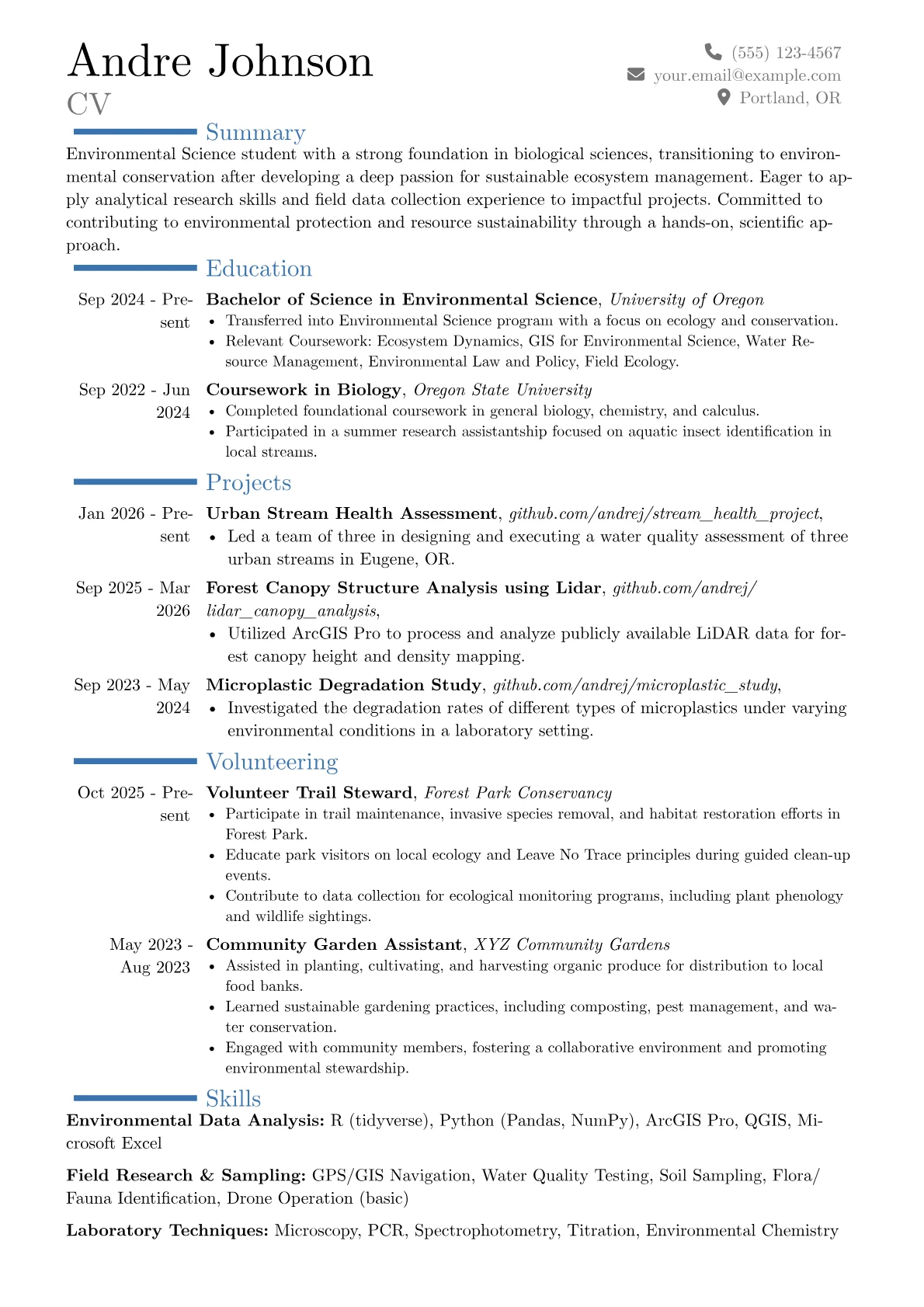 Environmental Science resume example, Career changer, page 1