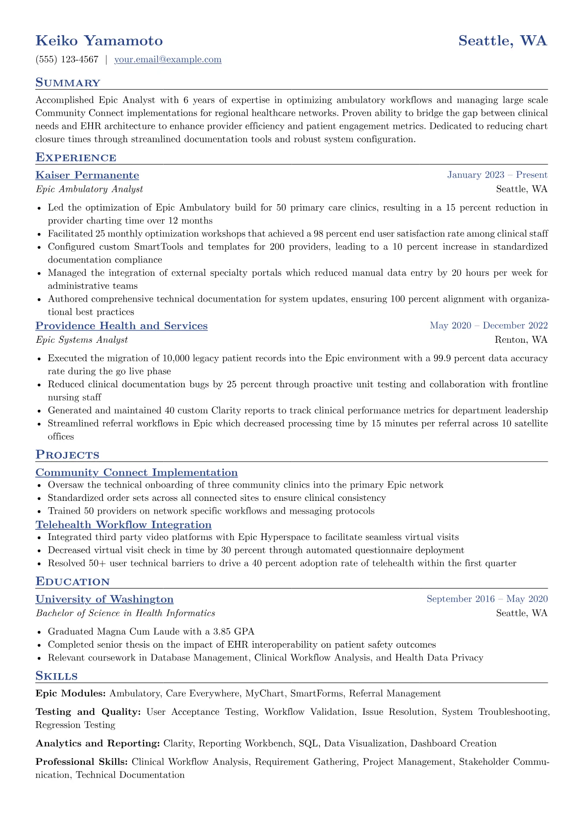 Epic Analyst resume example, Ambulatory Optimization, page 1