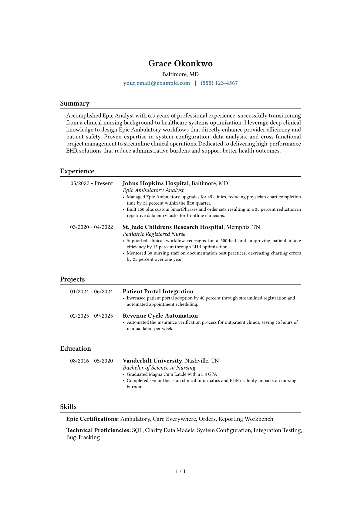 Epic Analyst resume example, Career changer, page 1