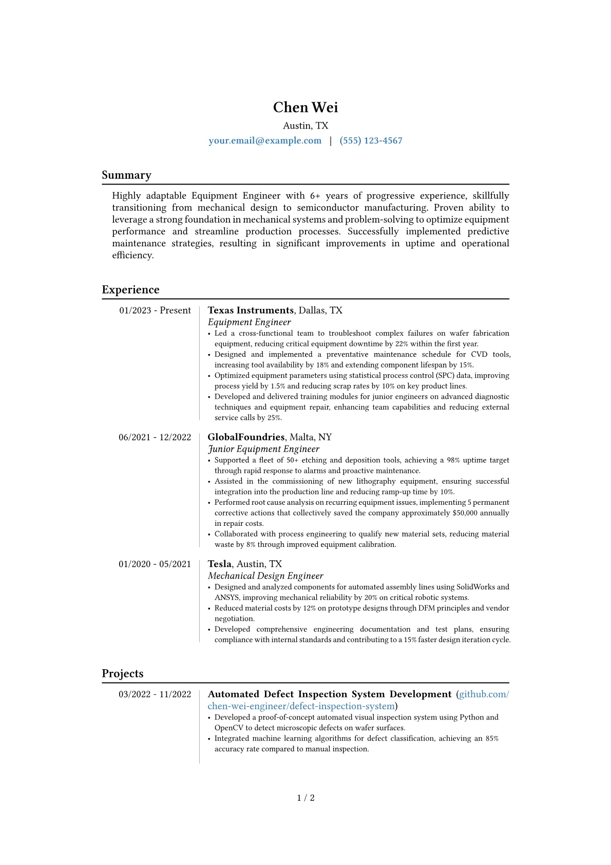 Equipment Engineer resume example, Career changer, page 1