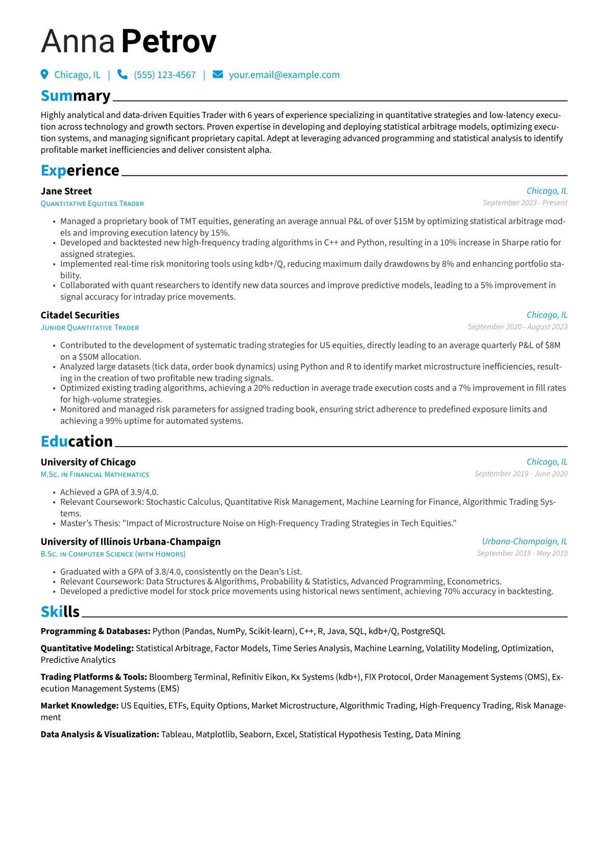 Equities Trader resume example, Equities Trader, page 1