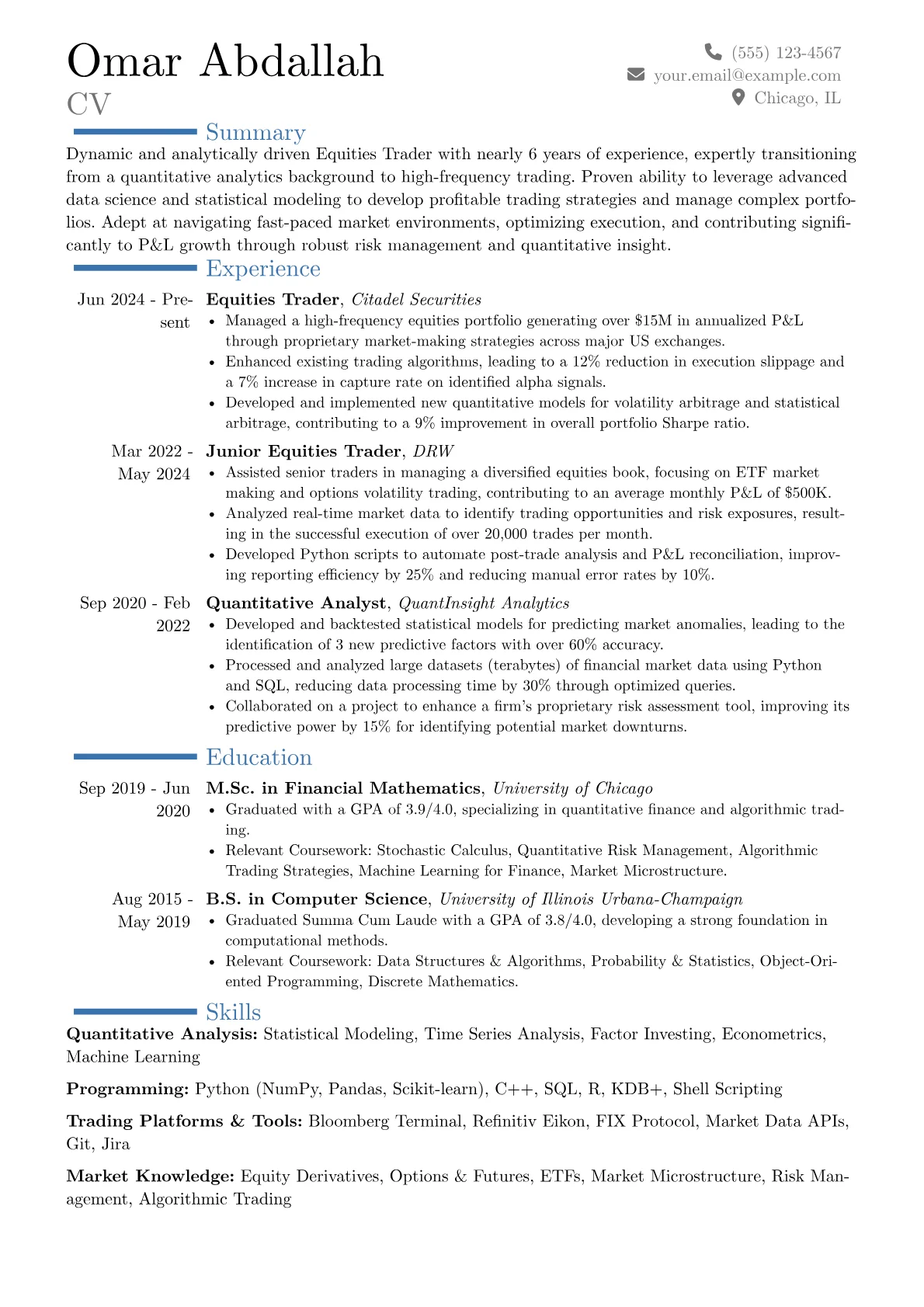 Equities Trader resume example, Career changer, page 1