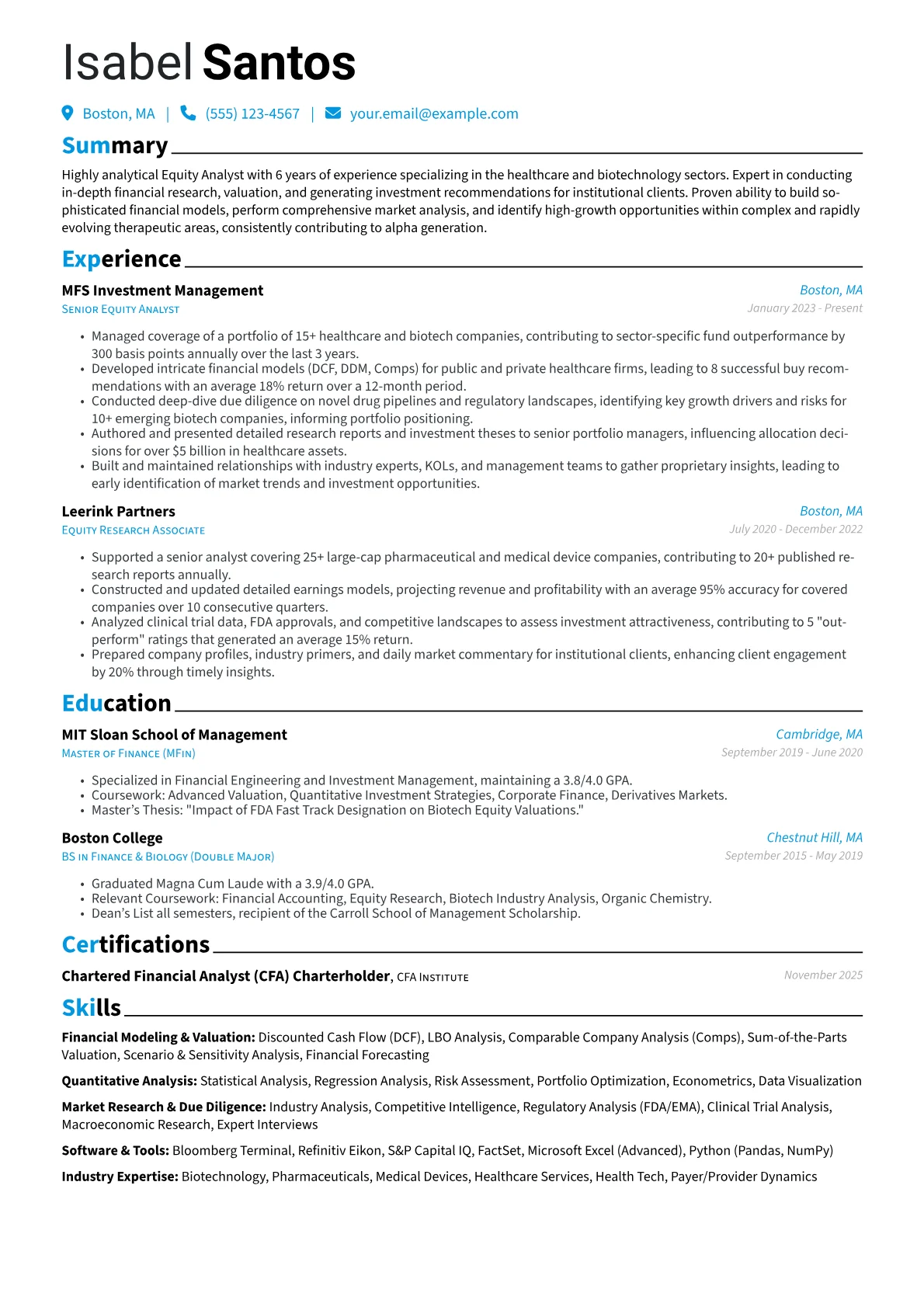Equity Analyst resume example, Healthcare & Biotech, page 1