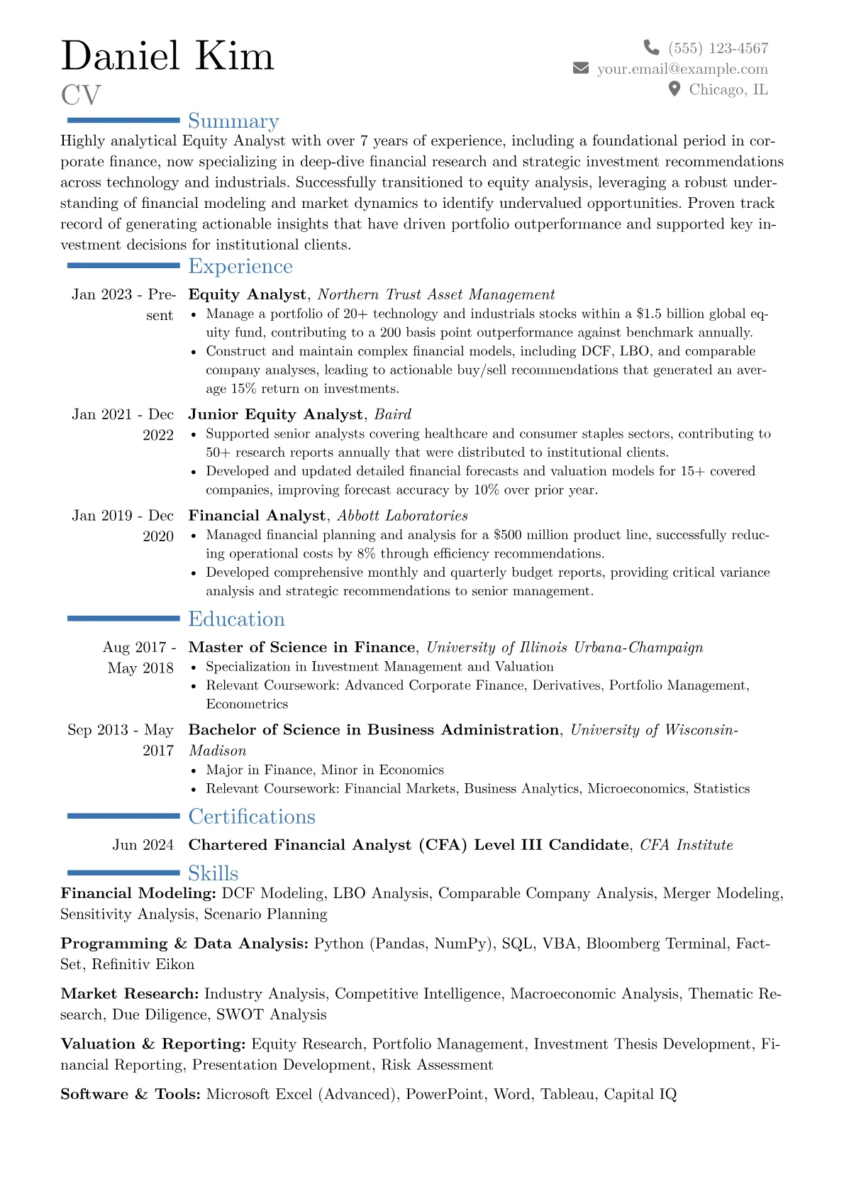 Equity Analyst resume example, Career changer, page 1