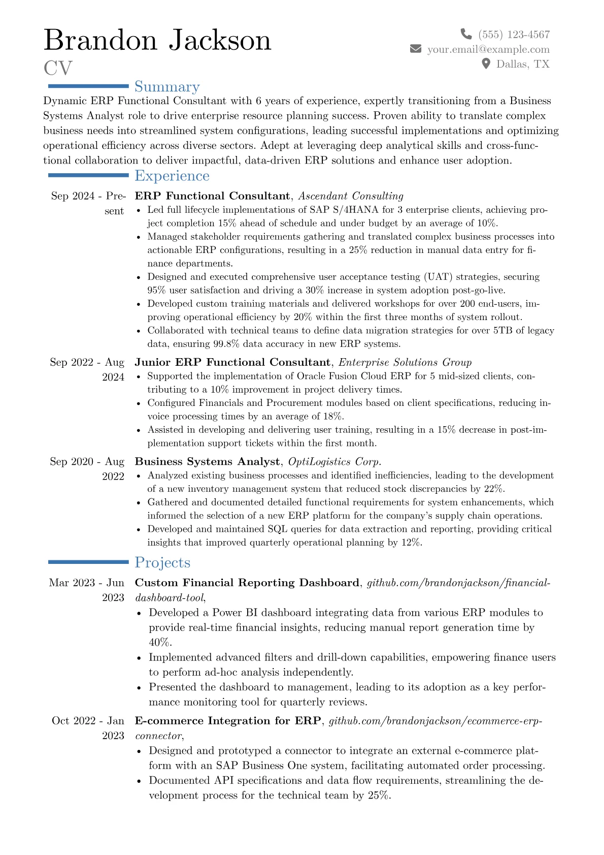 ERP Functional Consultant resume example, Career changer, page 1