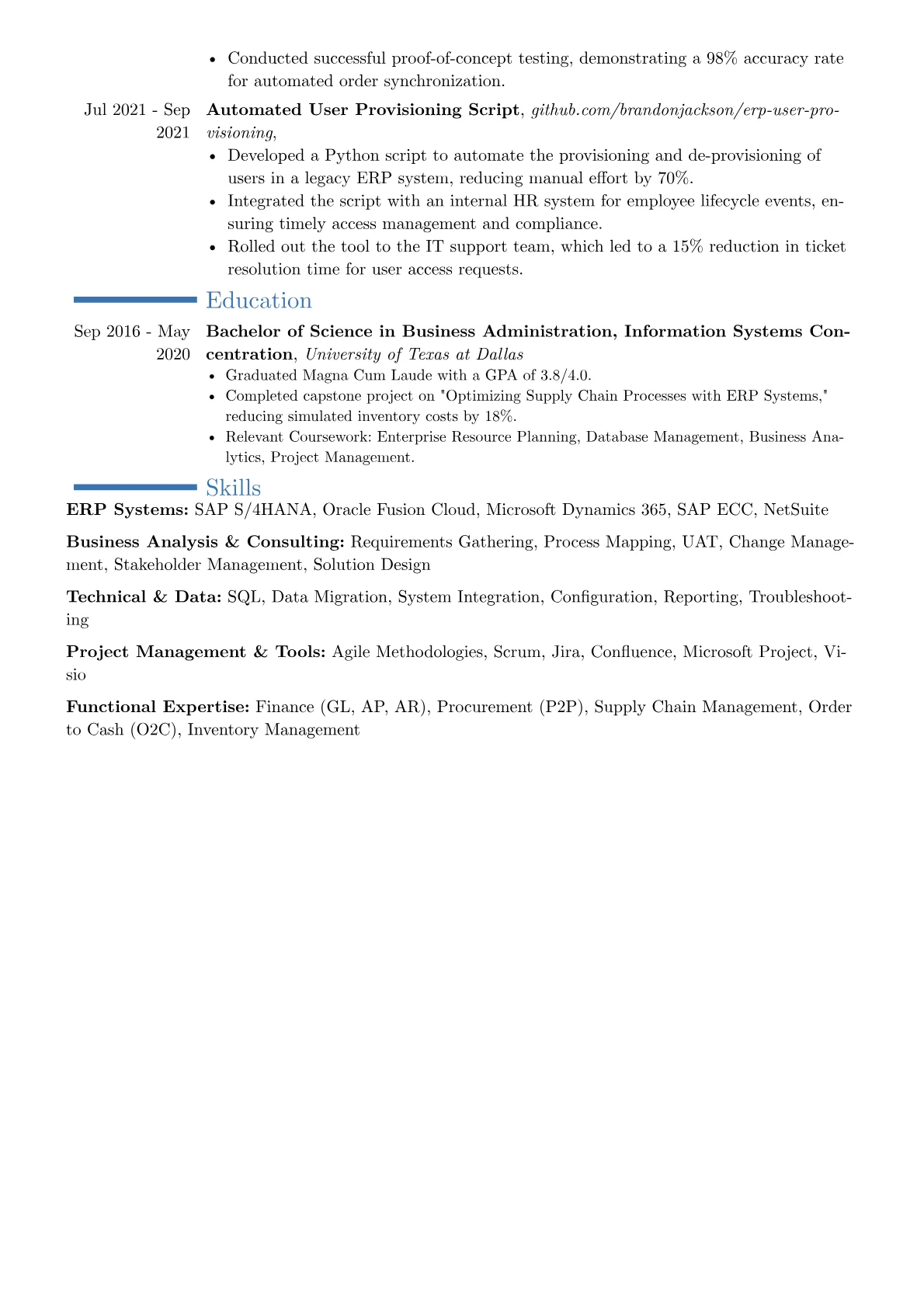 ERP Functional Consultant resume example, Career changer, page 2