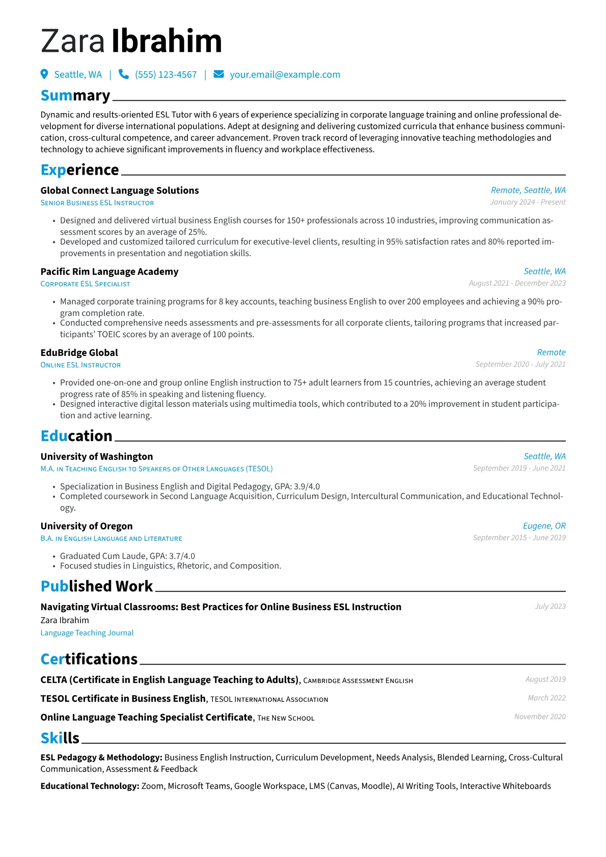 ESL Tutor resume example, Corporate ESL Specialist, page 1