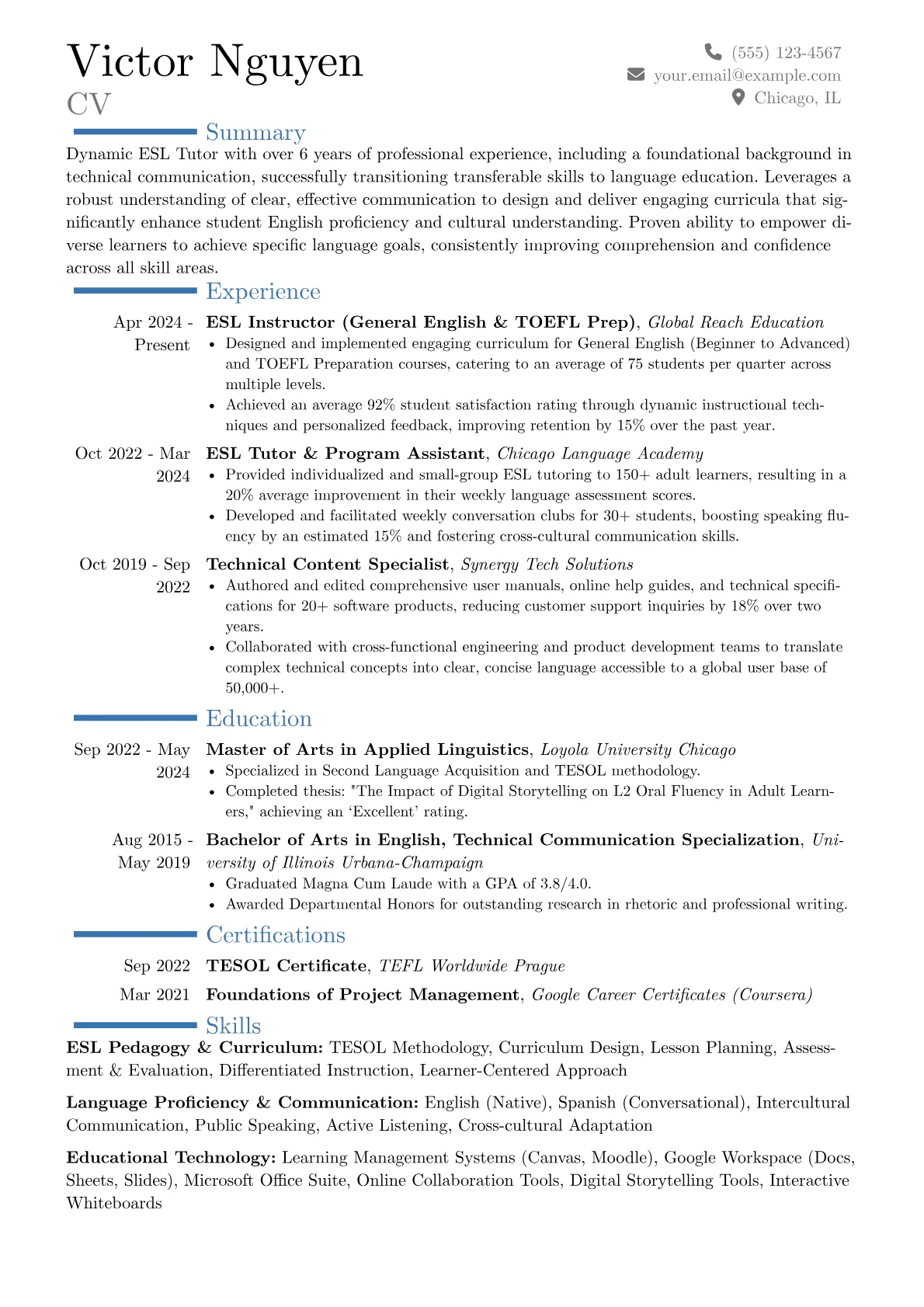 ESL Tutor resume example, Career changer, page 1
