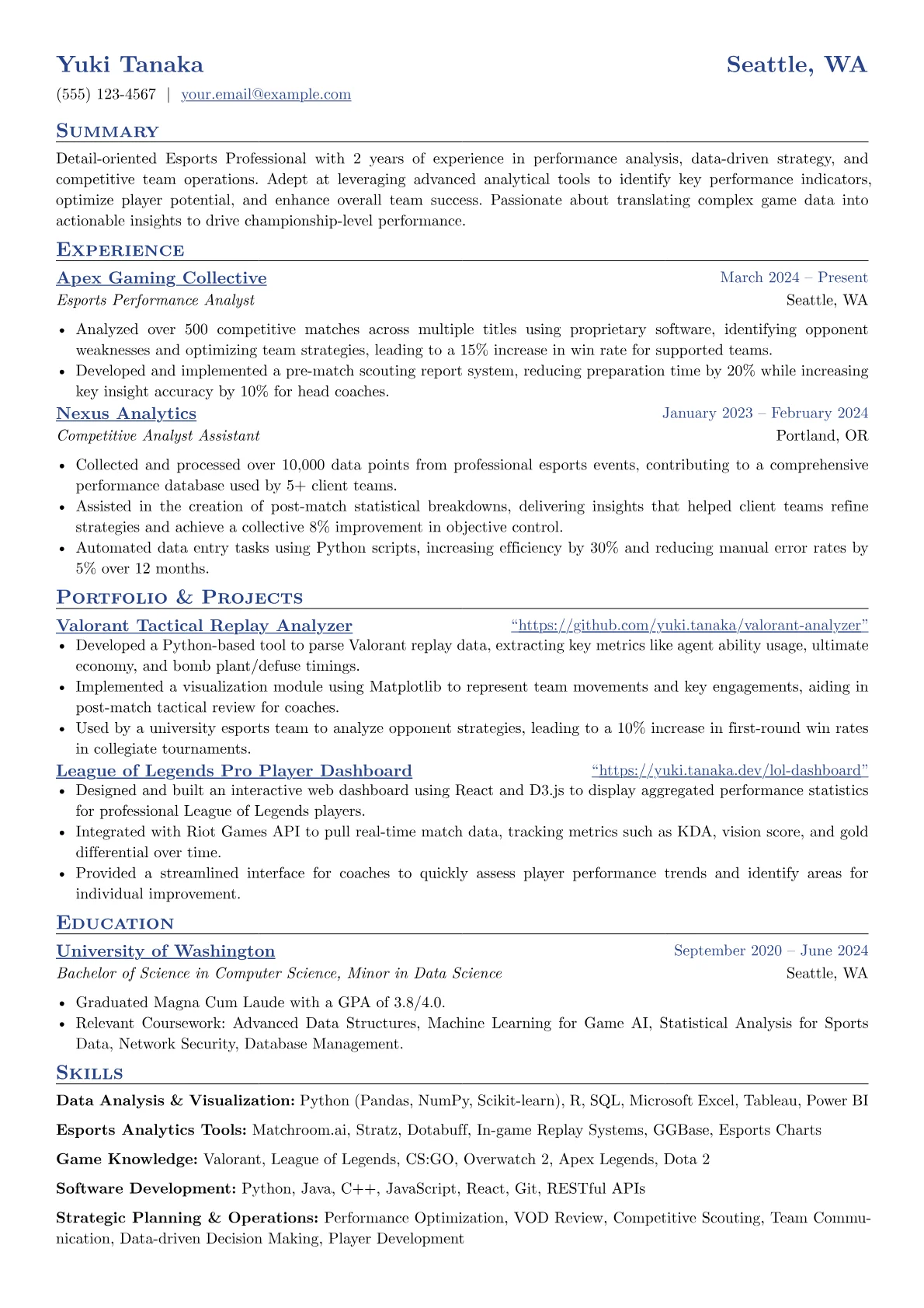 Esports Professional resume example, Esports Analyst/Strategist, page 1